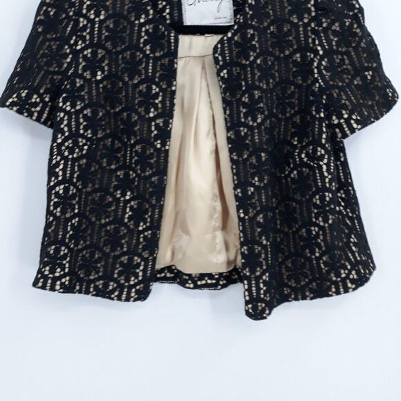Milly Blazer Formal Short Sleeve Cape Floral Lace Overlay Open Cotton Blk Sz 10 - Picture 4 of 11